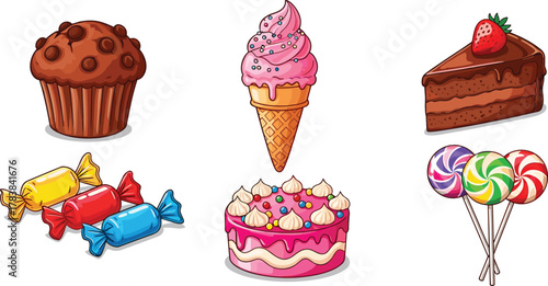 Cartoon dessert vector set, muffin, ice cream cone, chocolate cake slice, wrapped candies, pink frosted cake, swirl lollipops, sweet treats