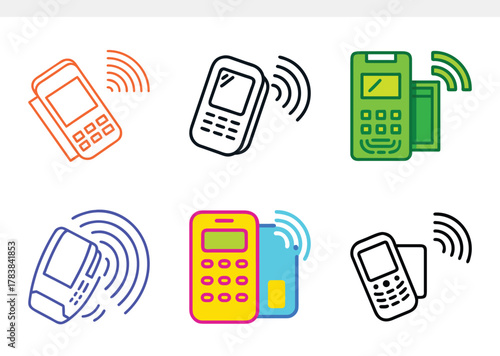 Collection of six vibrant icons depicting contactless payment technology with mobile phones and signal waves