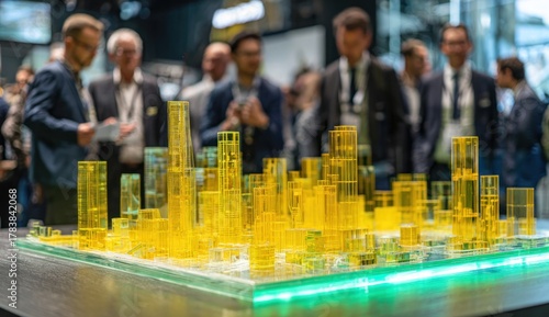 Cityscape model on display at a business conference with attendees.