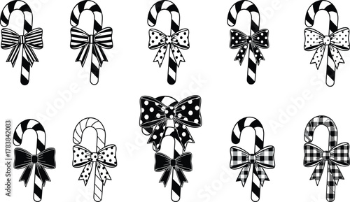 Candy cane silhouette, Christmas sweet vector, holiday dessert illustration, festive bow decoration, winter treat clipart, seasonal graphic design, black isolated artwork, ribbon ornament