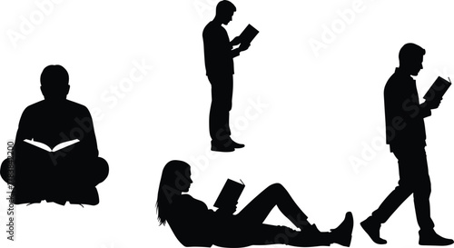 Reading silhouette, book lovers, seated posture, walking reader, black figures, casual reading, standing pose, reclined position, education, relaxation, white background