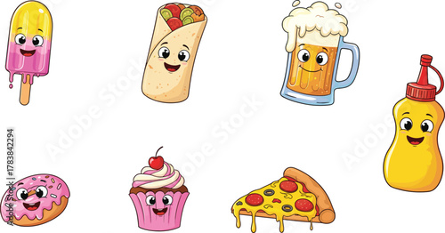 Cartoon food character vector set, smiling snack icons, pizza, donut, burrito, beer mug, cupcake, mustard bottle, playful illustration