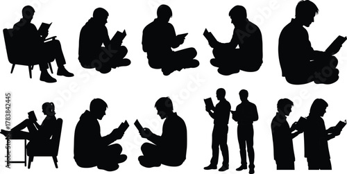 Reading silhouette, diverse postures, black figures, seated and standing readers, book lovers, education moment, learning habit, quiet time, study, white background