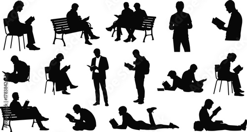 Reading silhouette, diverse postures, black figures, seated and standing readers, book lovers, learning moment, education, quiet time, study, white background