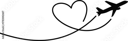 Romantic travel airplane heart line art, minimalist flight path illustration, love journey concept for tourism, destination wedding, couple vacation design element