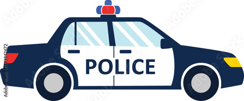 Cartoon police car vector, side view illustration, dark blue and white vehicle, emergency light bar, law enforcement icon, kids graphic, stock artwork