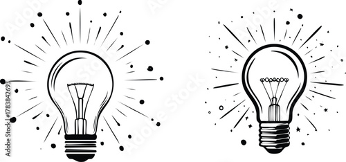 Exploding light bulb outline illustration with dynamic rays and dots expressing creativity and inspiration