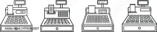 Cash register icon in simple black outline showing transaction and retail store payment concept illustration