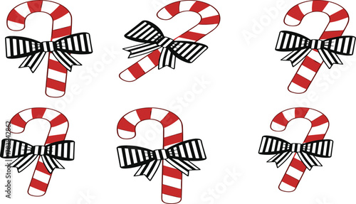 Candy cane vector, Christmas sweet illustration, holiday dessert artwork, festive bow decoration, winter treat clipart, seasonal ribbon design, black isolated silhouette, celebration graphic