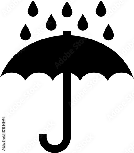 Keep dry. Open umbrella with water droplets above. Sensitive to moisture or dampness. Warning symbol. Open umbrella with raindrops. Marking on packaging. Transport marking. Vector, png or jpeg files.