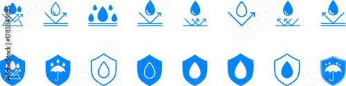 Waterproof icons. Water Proof sign collection. Water resistant symbol. Water protection icon with shield. Vector, PNG, jpeg. Keep dry. Open umbrella with water droplets icons set Water drop protection
