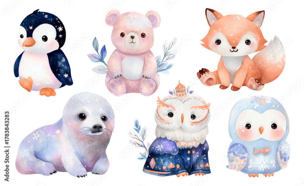 Fototapeta premium Adorable Watercolor Animals Collection Featuring Penguin, Bear, Fox, Seal, Owl