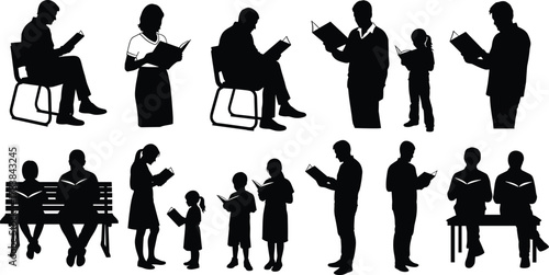 Reading silhouette, seated and standing posture, black figures, child and adult readers, book lovers, education moment, quiet time, study, learning, background
