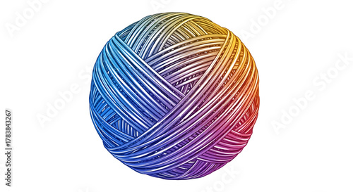 A vibrant multicolored ball of yarn isolated on a white background.
