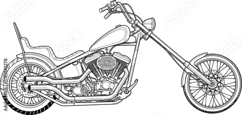 Chopper motorcycle line drawing vector, black and white custom bike illustration, V-twin engine, long fork design, technical sketch, stock artwork