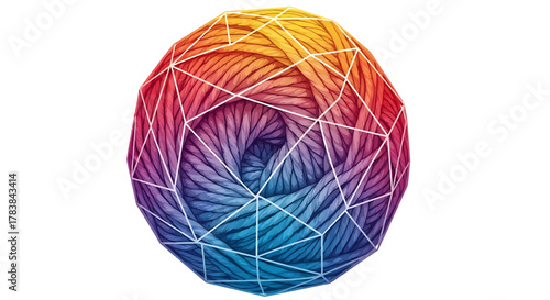 Abstract Geometric Rainbow Yarn Ball Art.