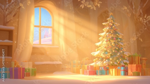 Cozy Christmas scene with glowing tree and gifts, promoting collaboration and a warm holiday atmosphere indoors.
