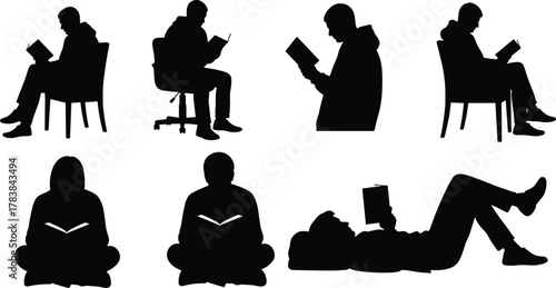 Reading silhouette, seated posture, black figures, book lovers, casual reading, floor pose, reclined position, quiet moment, education, relaxation, white background