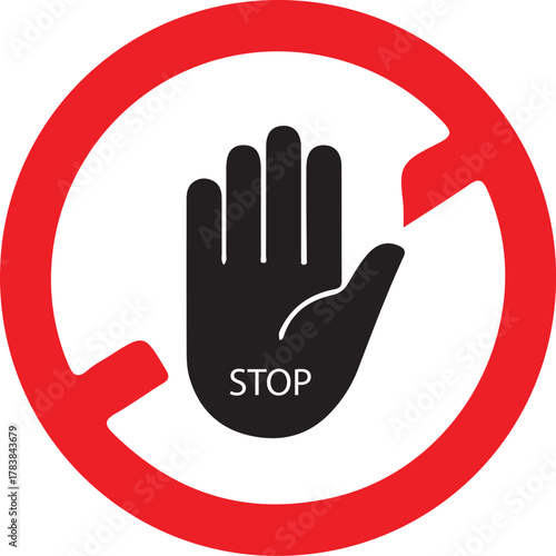 Stop hand icon in red circle with text, universal warning symbol