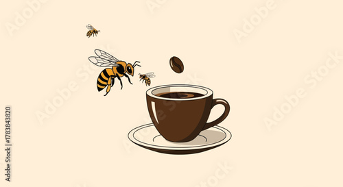 Honey bees flying around a fresh cup of hot coffee.