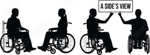 Wheelchair silhouette, inclusive posture, black figures, side and rear view, accessibility concept, disability awareness, diverse perspective, support, care, equality