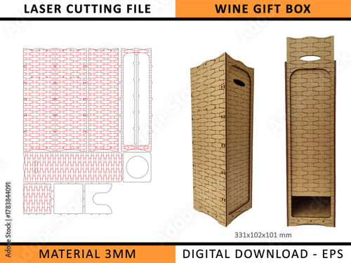 Laser Cut Wine Box Template. Vector EPS Design for CO2 Laser Cutting machine. Gift Packaging Box for Bottles. Perfect for creating elegant wooden gift boxes for wine bottles, weddings, anniversaries