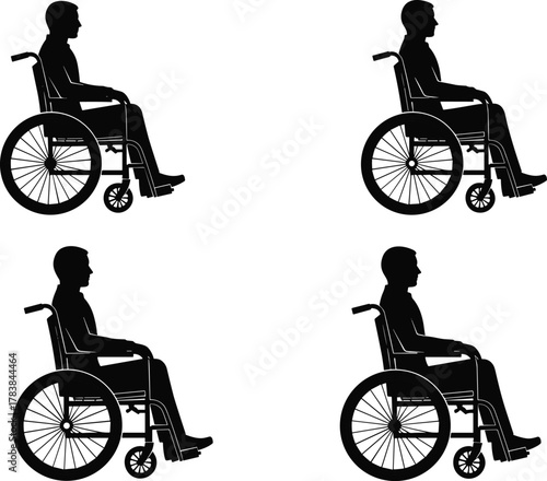 Wheelchair silhouette, seated posture, black figures, side profile, disability inclusion, mobility aid, accessibility concept, support, care, independence, equality, diverse people