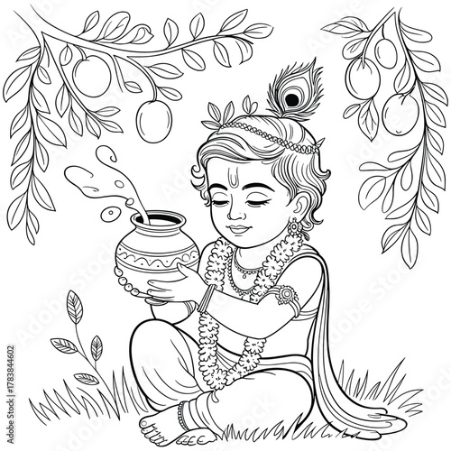 Baby Krishna holding a pot of butter with fruit tree branches overhead line art drawing Hindu god Indian mythology