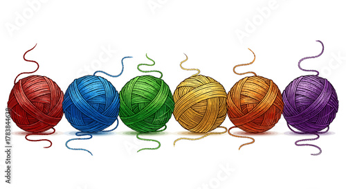 Colorful balls of yarn in a row with loose threads.