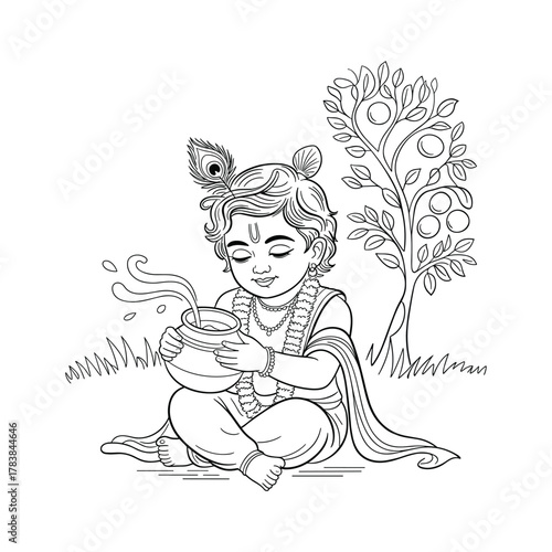 Baby Krishna holding a pot of butter with a fruit tree in the background line art drawing Hindu god Indian mythology
