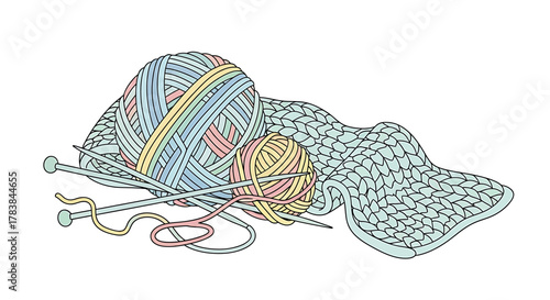 Colorful balls of yarn with knitting needles and a knitted swatch illustration.