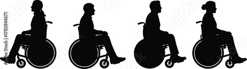 Wheelchair silhouette, seated posture, black figures, side view, disability inclusion, mobility aid, accessibility concept, support, care, independence, equality, diverse people