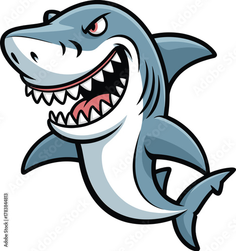 Angry cartoon shark with sharp teeth, funny sea predator illustration, ocean animal character art, aggressive fish mascot design, isolated background