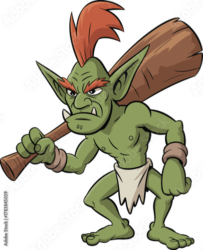 Angry green goblin cartoon holding wooden club, fantasy monster illustration, mythical creature character art, aggressive troll warrior design, isolated background