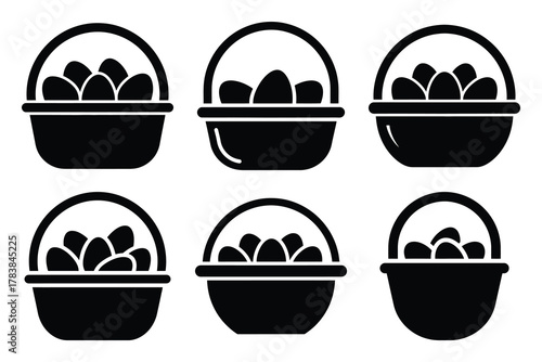 basket with eggs icon set silhouette on white background