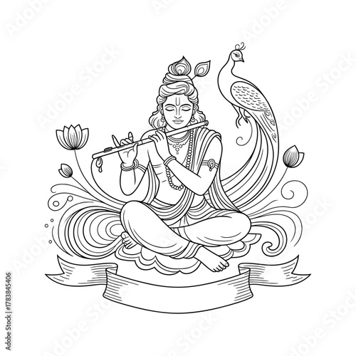 Lord Krishna playing flute with peacock and lotus flowers in a decorative line art style Hindu god deity