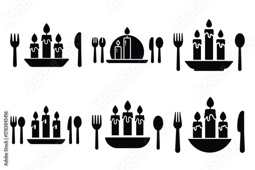candlelight dinner icon set silhouette on white background