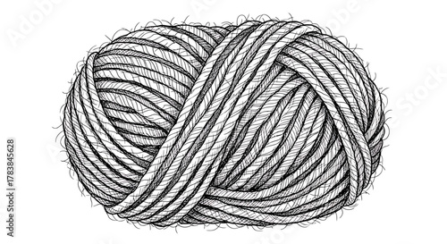 Detailed Ink Drawing of a Yarn Ball on White Background.