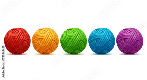 Five colorful balls of yarn neatly arranged in a row.