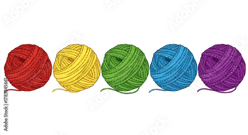 Five vibrant colorful yarn balls arranged in a row.