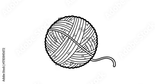Hand drawn black and white illustration of a ball of yarn.