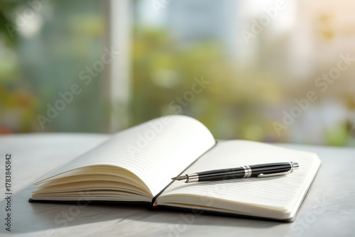 Open notebook with pen thoughtfully arranged on blank pages representing therapeutic journaling and counseling session documentation, perfect for mental health reflection and personal growth concept.