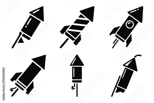 firecracker rocket icon set silhouette on white background