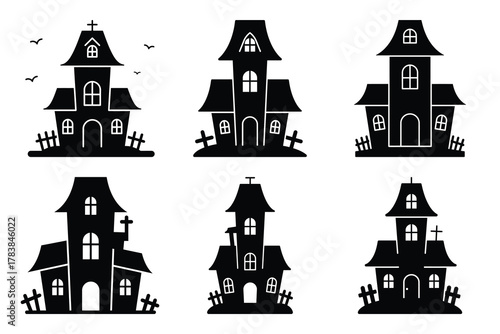 haunted house icon set silhouette on white background