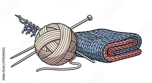 Knitting essentials - yarn ball, needles, and a cozy knitted blanket.