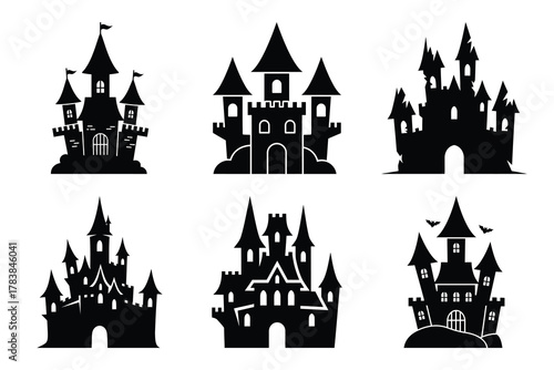 haunted castle icon set silhouette on white background