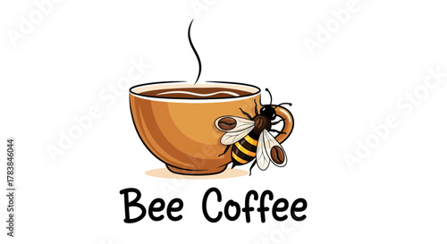Cute Bee Coffee Logo Design with Steaming Cup and Honeybee.