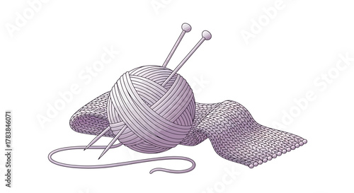 Knitting needles and yarn ball with knitted fabric.