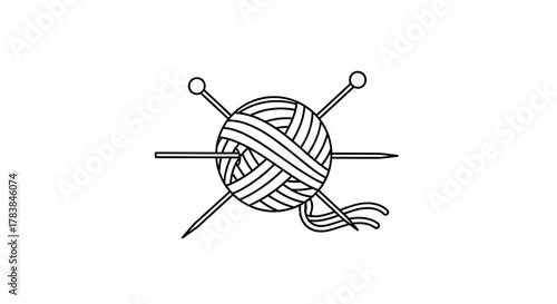 Knitting yarn ball with needles black and white line art.
