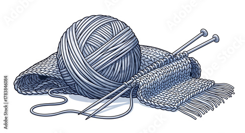 Knitting project with yarn ball and needles creating a fabric.